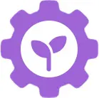 A purple gear with a plant inside of it.