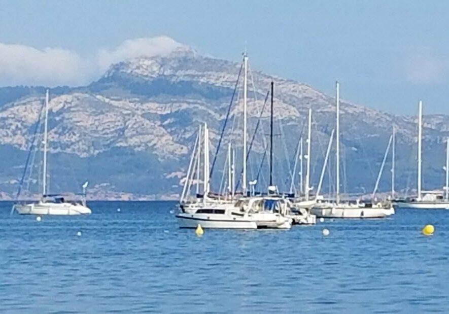 A group of boats in the water near mountains.